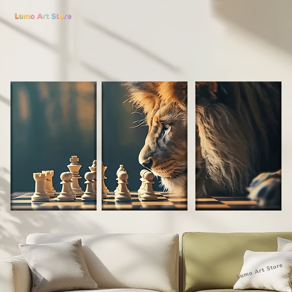 Home Office With Library - 3pcs/set, Lukisan kanvas--Tanpa bingkai, singa dan