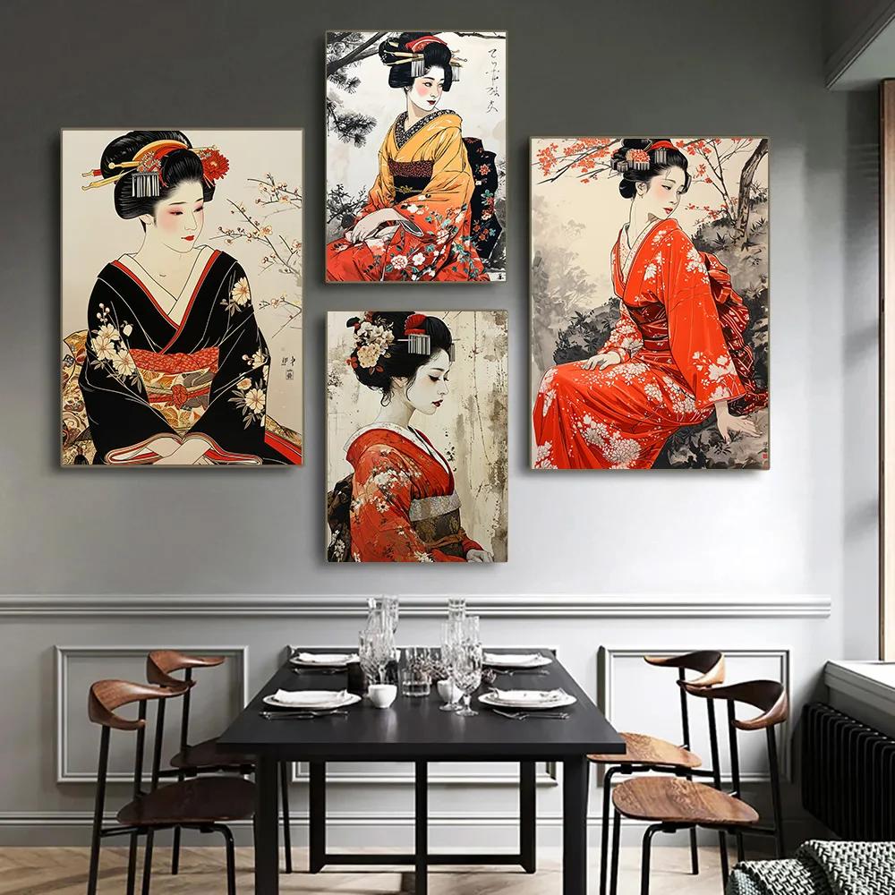 Home Office Room Inspiration - Elegan Kimono Geisha kanvas seni dinding